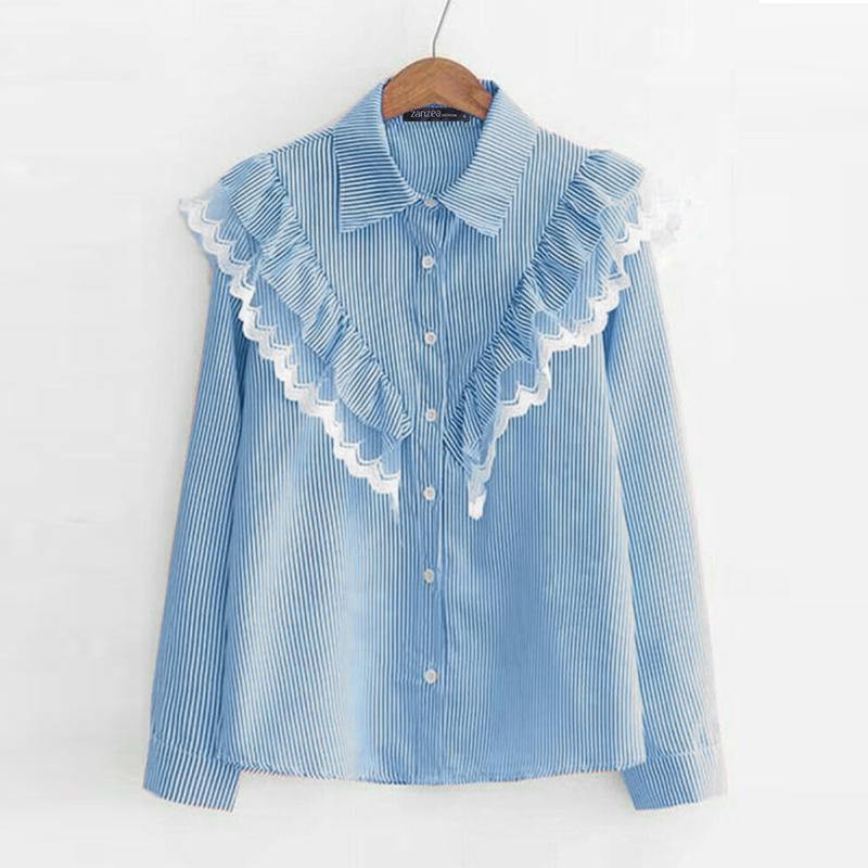 

ZANZEA Женские винтажные рубашки с воротником, длинным рукавом, контрастной полоской и оборками S