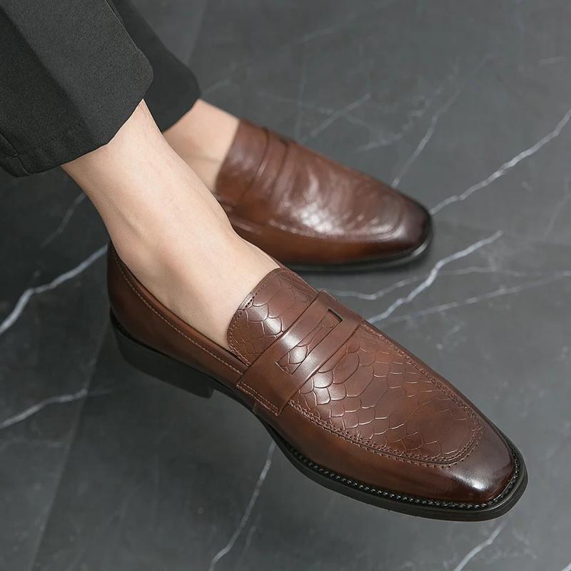 New Men Dress Shoes Brown Loafers Square Toe Slip-On  PU Business Men Shoes  Sapato Masculino