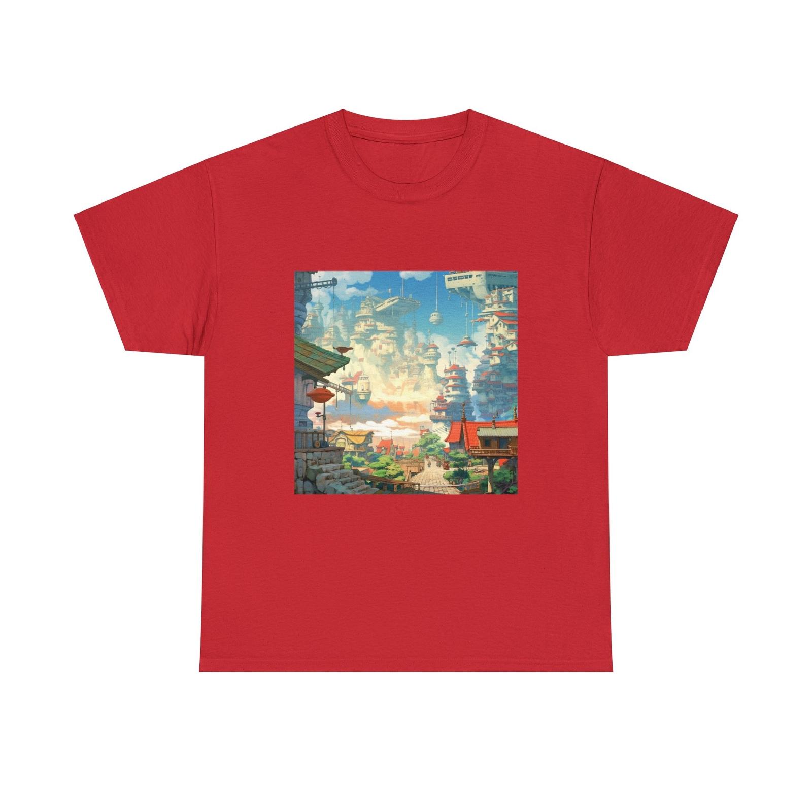 Studio Ghibli Style City Landscape Graphic Print Unisex Heavy Cotton Tee Unisex T-Shirt XXXL