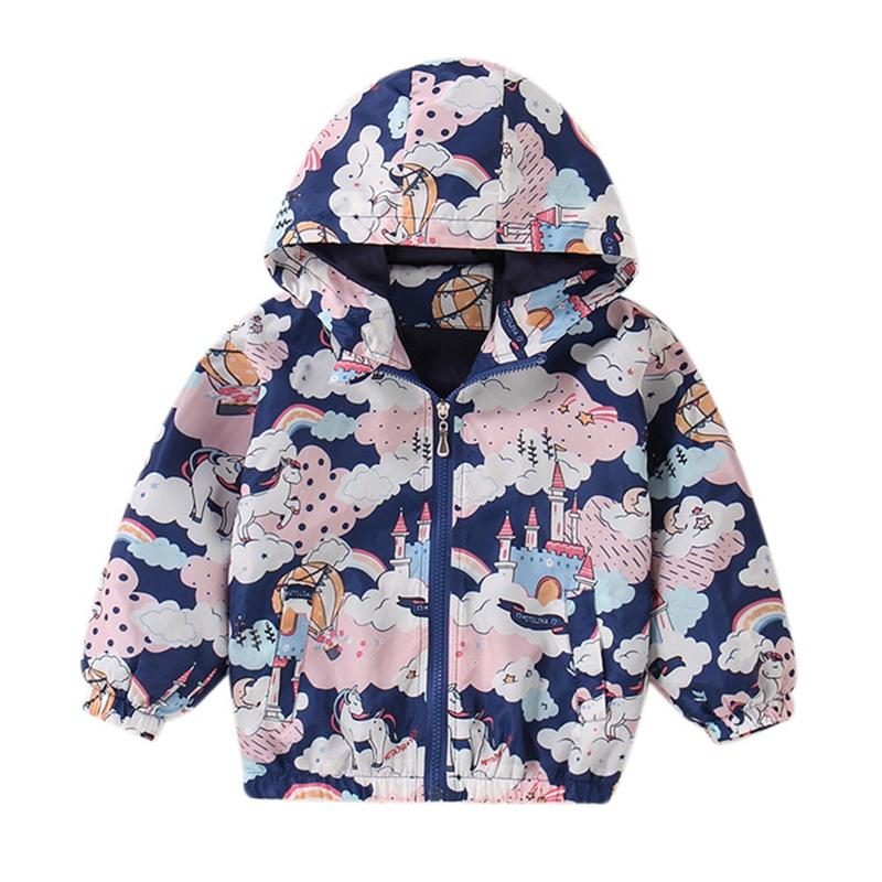 2-10 Years Kids Girls Printed Hooded Coat Thin Zipper Jacket