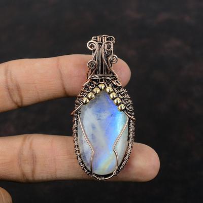 Rainbow Moonstone Pendant Copper Wire Wrapped Gemstone Pendant Handmade Pendant Moonstone Copper Jewelry Engagement Gift Unique Wire Jewelry
