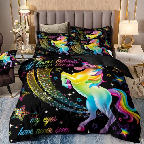 Unicorn Quilt Doona Duvet Cover Set Single Double Queen Size Bedding Kid Animal