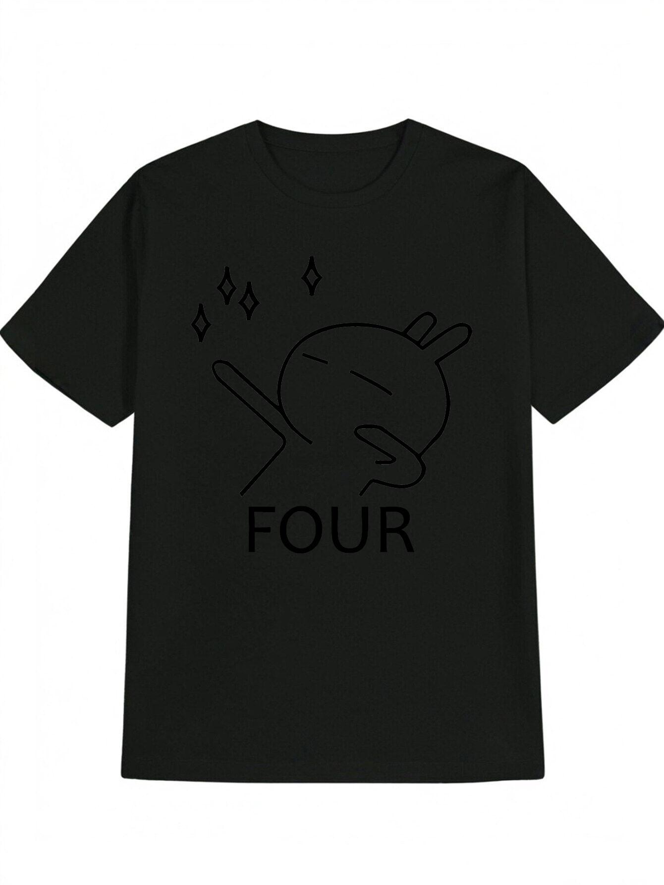 Casual Short Sleeve T-shirt with Playful Cartoon Character Print - Black Round Neck Summer Top M