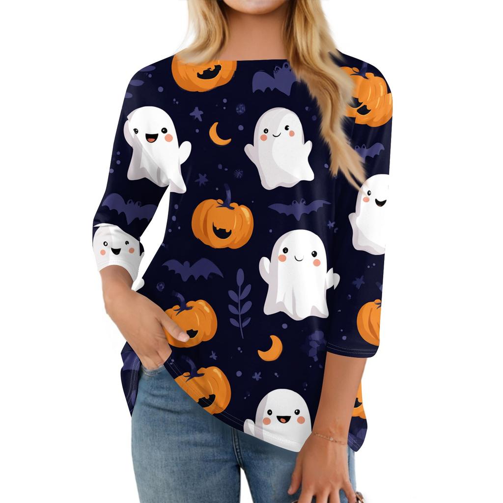 Damenmode Lässig Rundhals Dreiviertelarm Halloween Bedrucktes T-Shirt Top