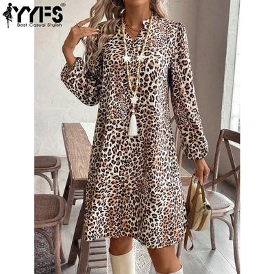 Abiti casual da donna alla moda per primavera e autunno, con stampa leopardata, maniche lunghe, scollo a V, vita morbida