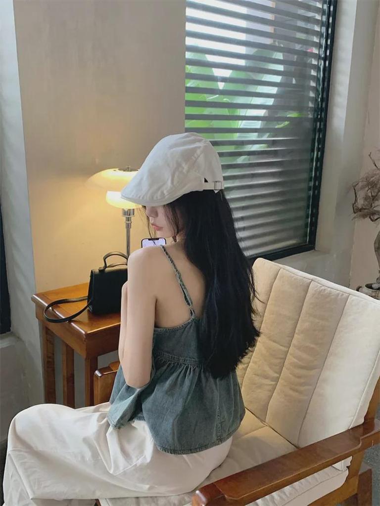 Džínová vesta s plisé v korejském stylu: Dámský top bez rukávů s volánky a vrstvením a tílko s výstřihem do V