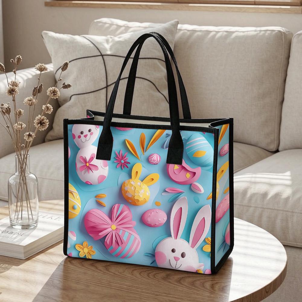 Cute Bunny Printed Tote Bag Portable Easter Gift Handbag Casual Daily Shoulder Bag