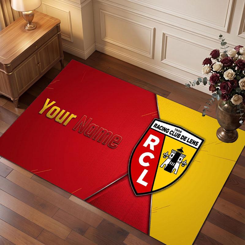 Racing Club de Lens Benutzerdefinierter Kristall-Samtteppich, Personalisierter Namens-Textdruck, Fußball-Logo Weiche Rutschfeste Fußmatte Heimdekoration Geschenk