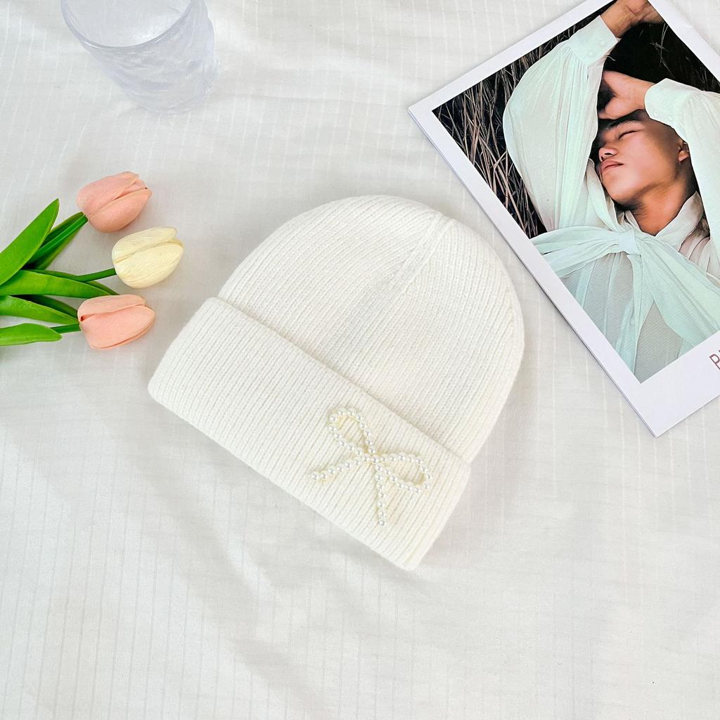 Korean Pearl Bow Wool Hat for Women Plus Velvet Thickened Warm Knitted Hat Letter Labeled Same Style for Men and Women