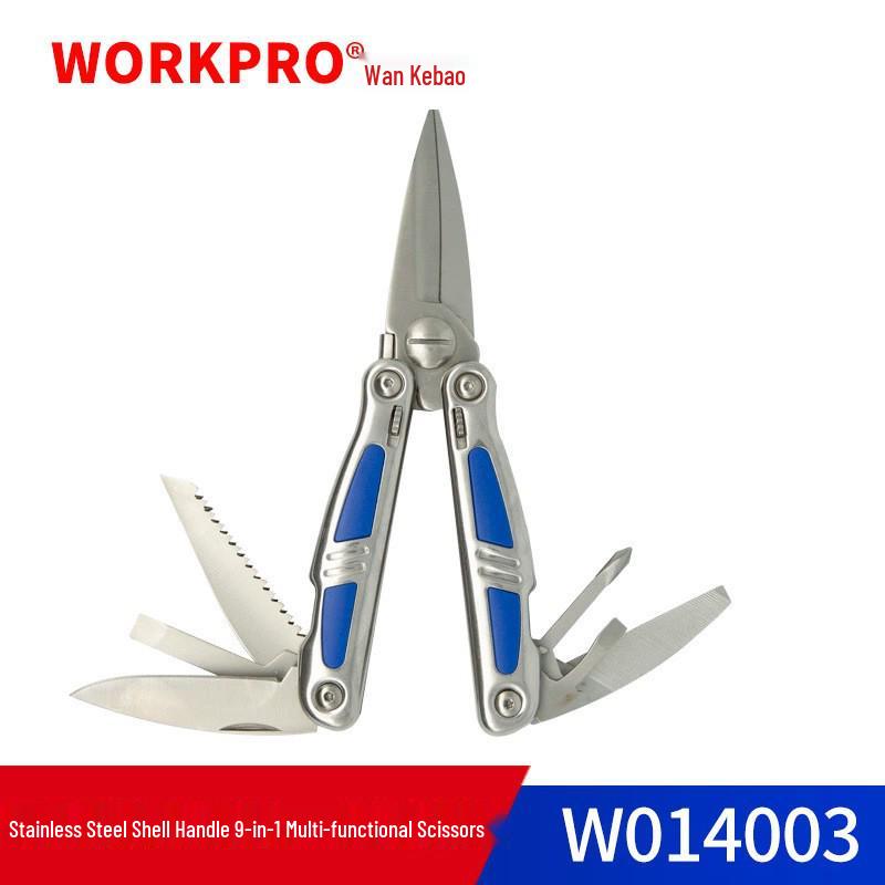 Wanke Bao 9-in-1 Stainless Steel Folding Multi-tool Scissors for Camping and Survival (Model W014003)