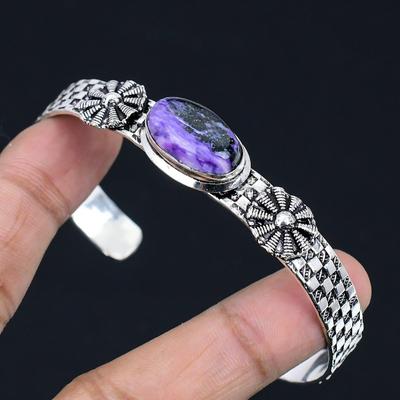 Natural Charoite Gemstone Bangle Purple Adjustable 925 Sterling Silver Jewelry