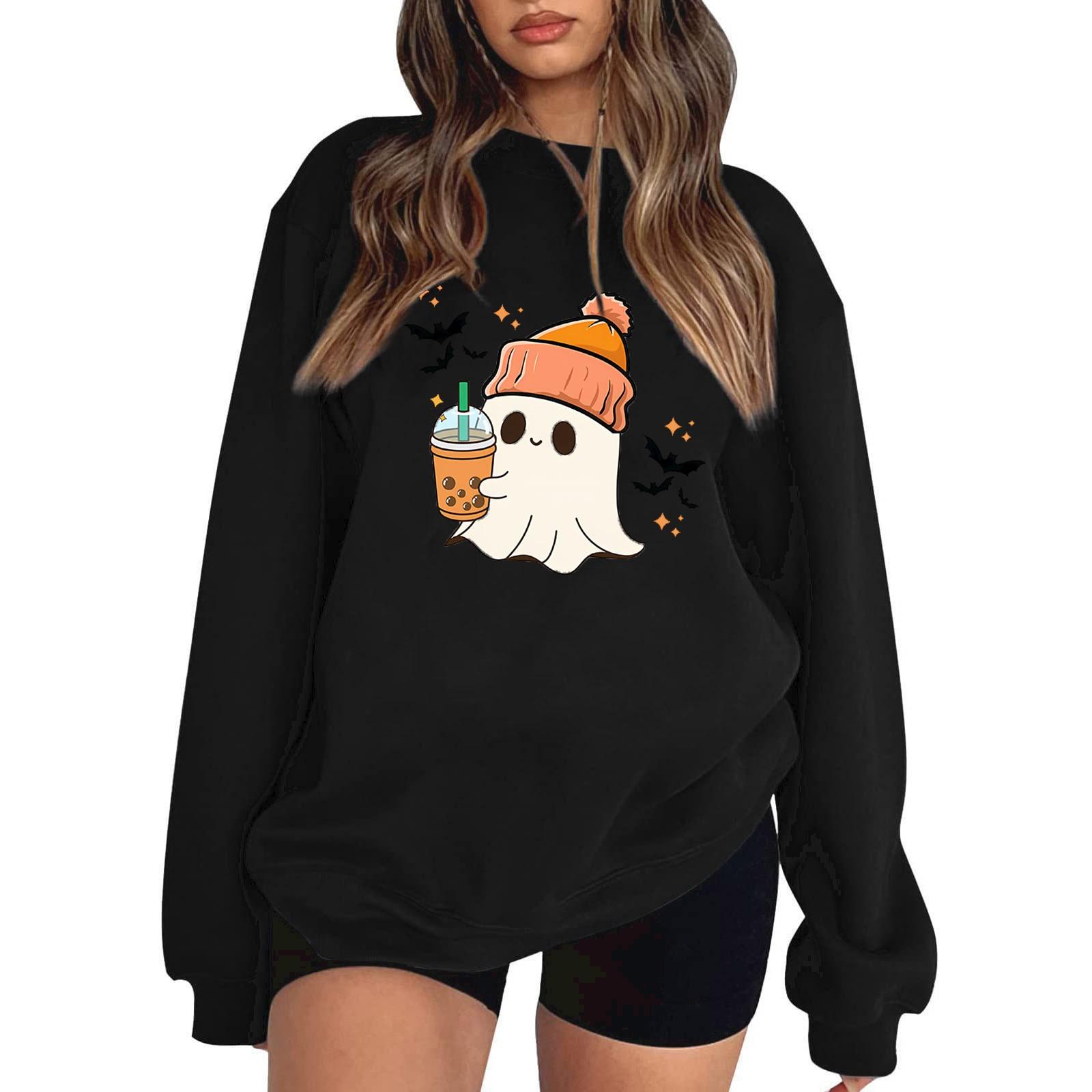 

Женский пуловер с принтом Хэллоуина, круглый вырез, заниженная линия плеча, блузка с длинными рукавами S чёрный