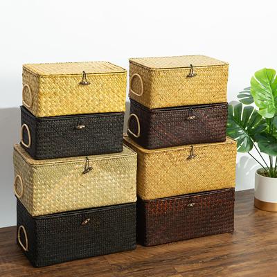 Ręcznie tkane koszyki z wodorostów z pokrywką, prostokątny pojemnik, tkane pudełko do przechowywania z uchwytem, organizer domowy, sypialnia