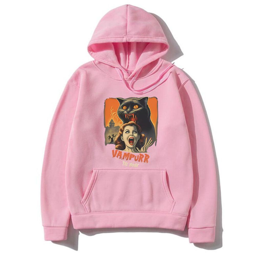 Movie vampire cat graphic hoodie, terrifying Halloween print pattern hoodie, men's retro top, street Harajuku funny clothing