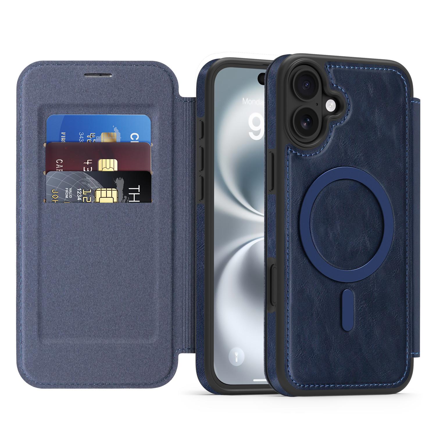 

For iPhone 16 Plus Case Compatible with MagSafe RFID Blocking Card Holder Leather Phone Cover Black