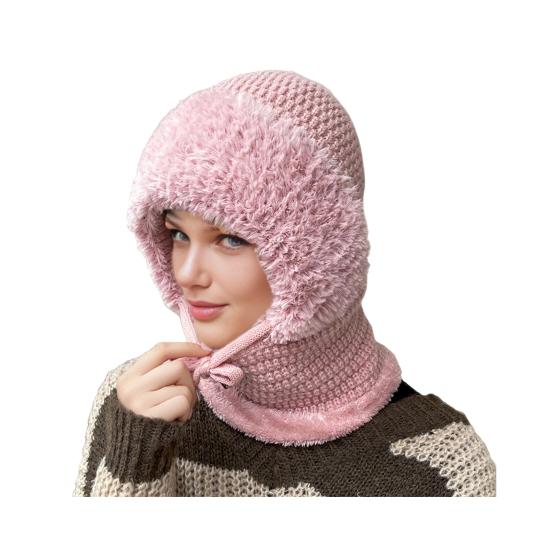 Outdoor Headgear Solid Color Plush Trim Windproof Warm Face Guard Scarf Hat Skiing Hiking Biking Winter