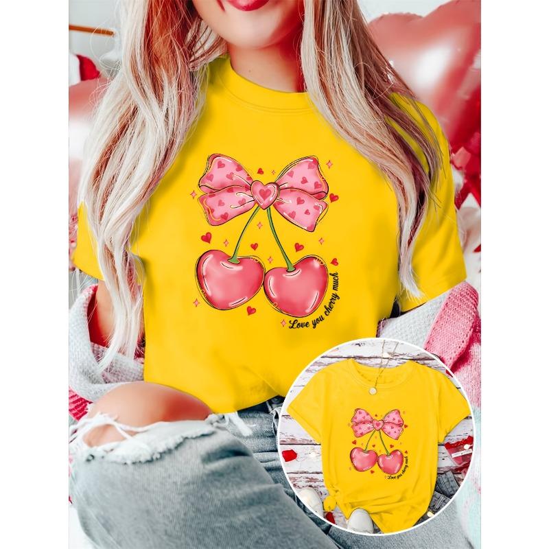 Valentine's Day Gift: Women's Elegant Short-Sleeve Cherry Bow Print Round Neck T-Shirt. Suitable for Spring, Summer, and Autumn. A Versatile,