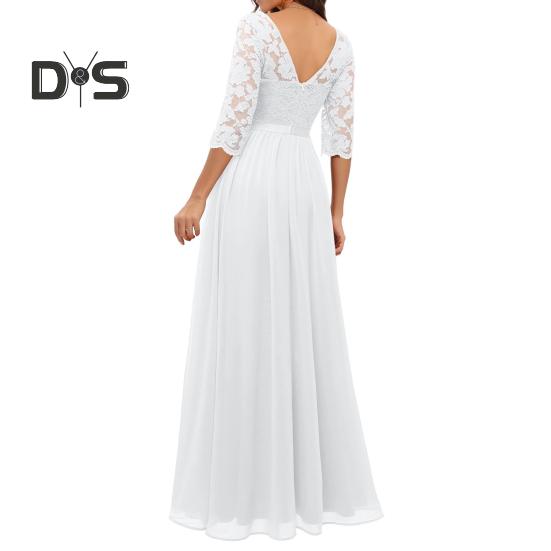 Abito da donna con scollo a V e manica a 3/4 Abito in pizzo all'uncinetto con cuciture a rete a vita alta Abito lungo a linea Abito lungo in tinta unita senza schienale