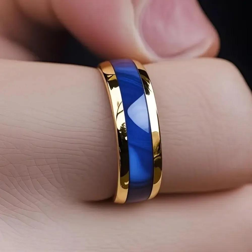 8MM  Sapphire Stainless Steel Ring Women Men Engagement Wedding Band Jewelry Gold Color Personality Steel Ring for Gift