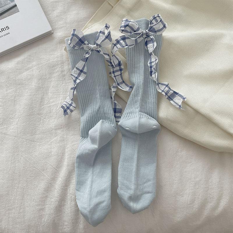 

Женские летние тонкие гольфы в вертикальную полоску на каблуке с клетчатой лентой-бантом, балетные сетчатые дышащие гольфы-трубы 1 pair синий