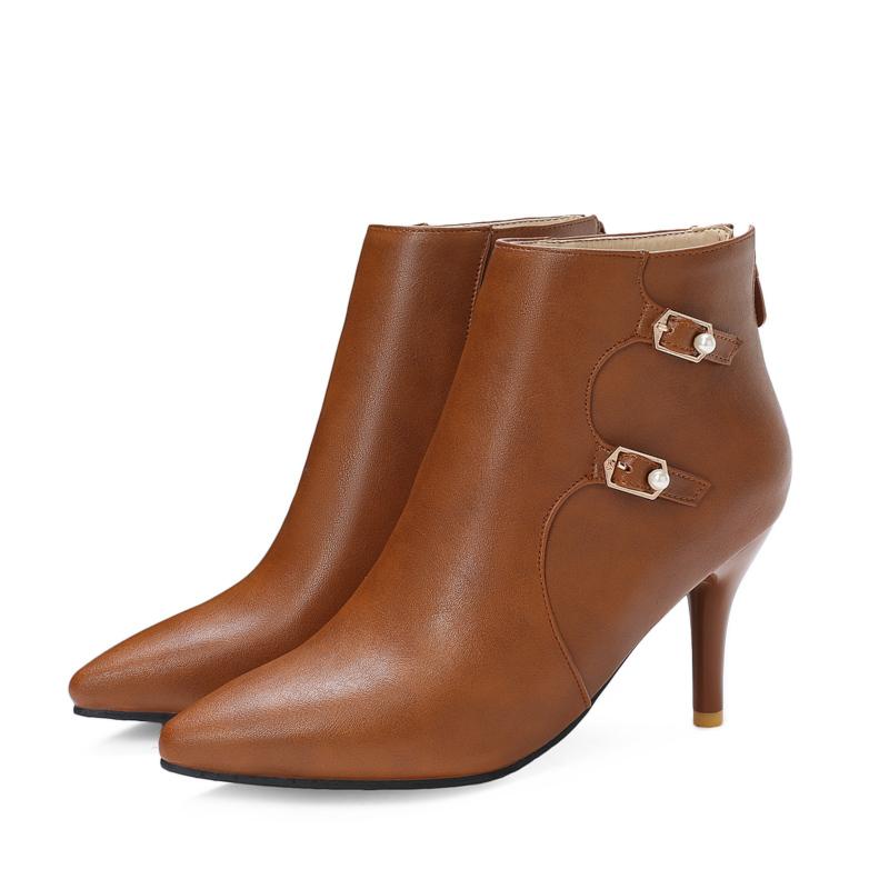 Fashion Buckle Women's Ankle Boots Casual Brown PU Leather Short Boot Pointed Toe Heels Dance Party Shoes Female Large Size 45