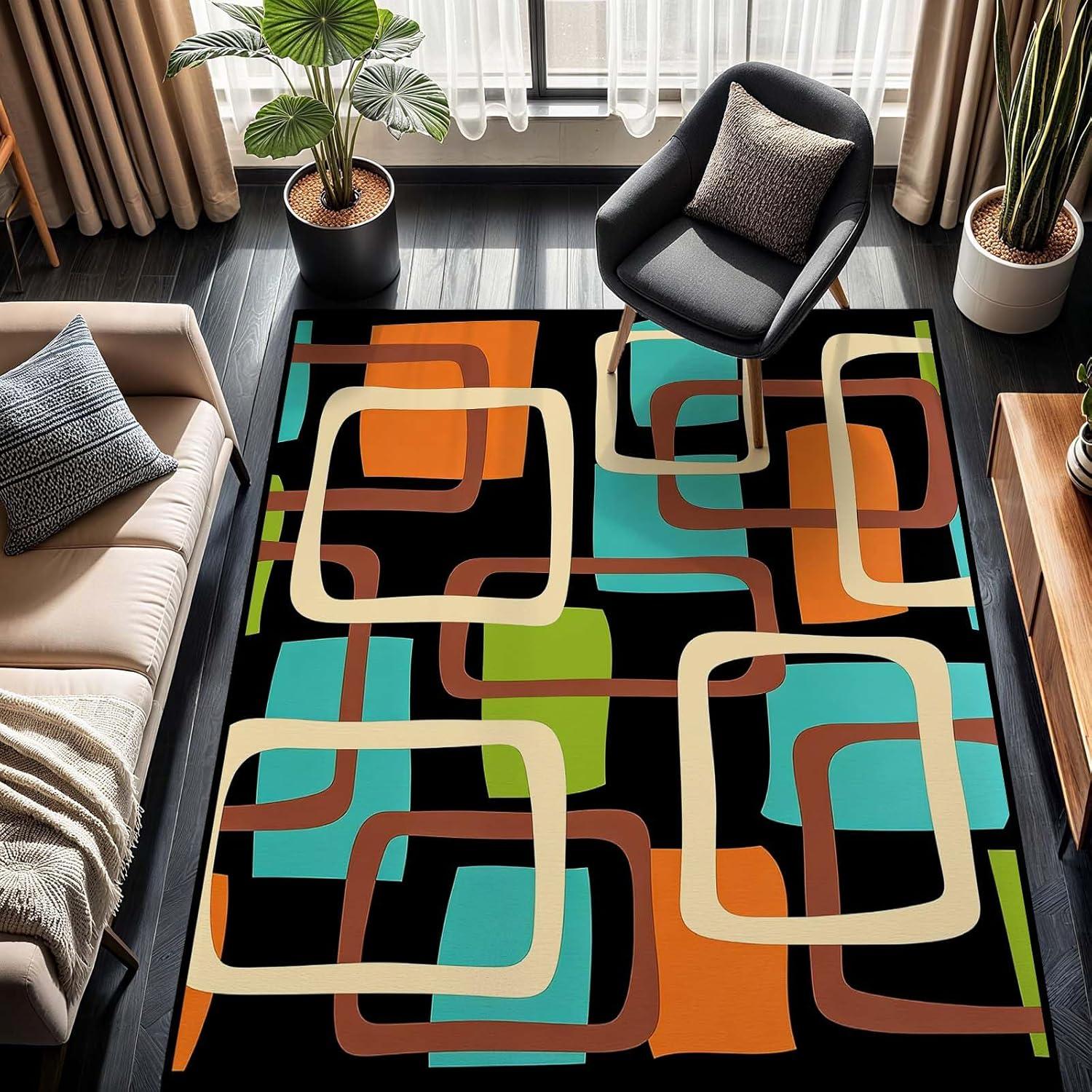

Modern Geometric Style Carpet Colorful Print Retro Floor Area Rug Contemporary Decor Soft Non-Slip Mat for Living Room Bedroom 40X60CM