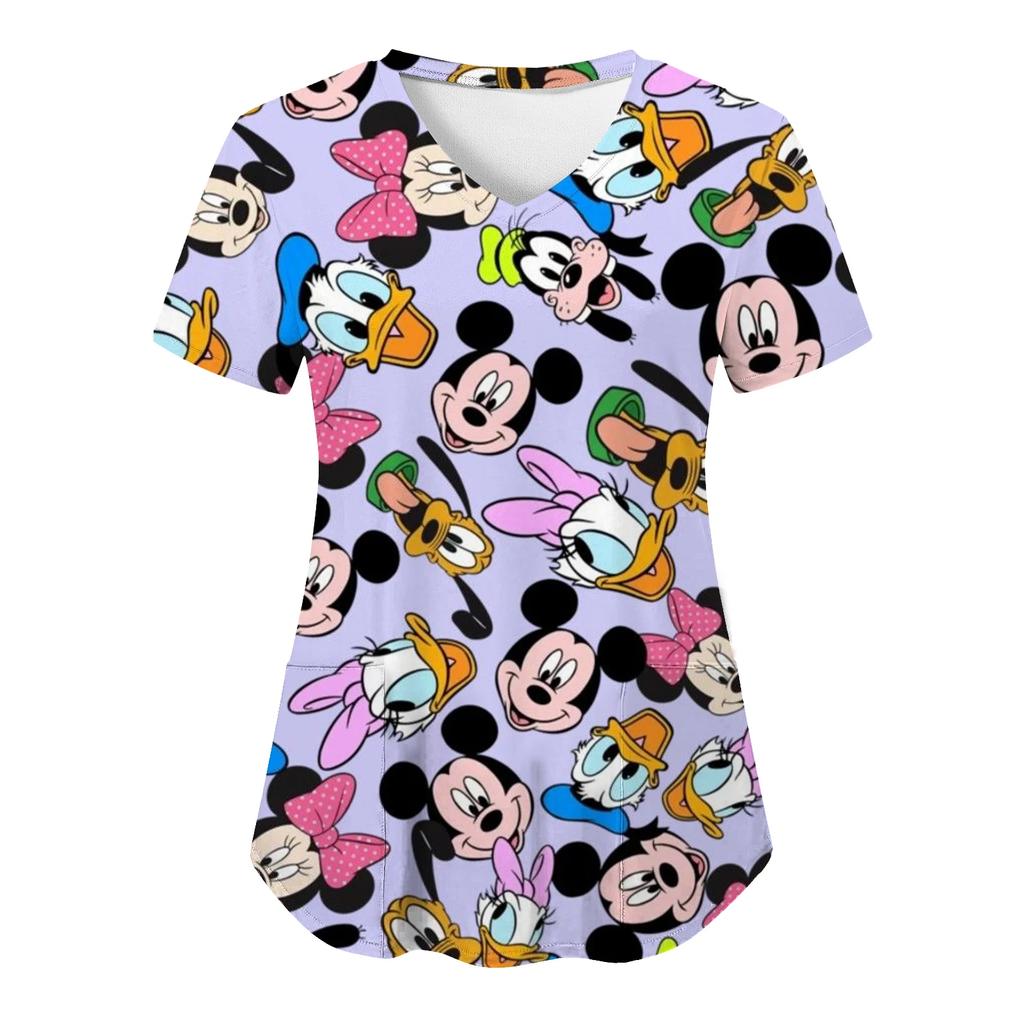 Miniso Minnie Mouse T-shirts V Neck Woman Clothes Hospital Tops Disney Top Women 2025 Nurse Uniform T-shirt Pocket Summer Tees