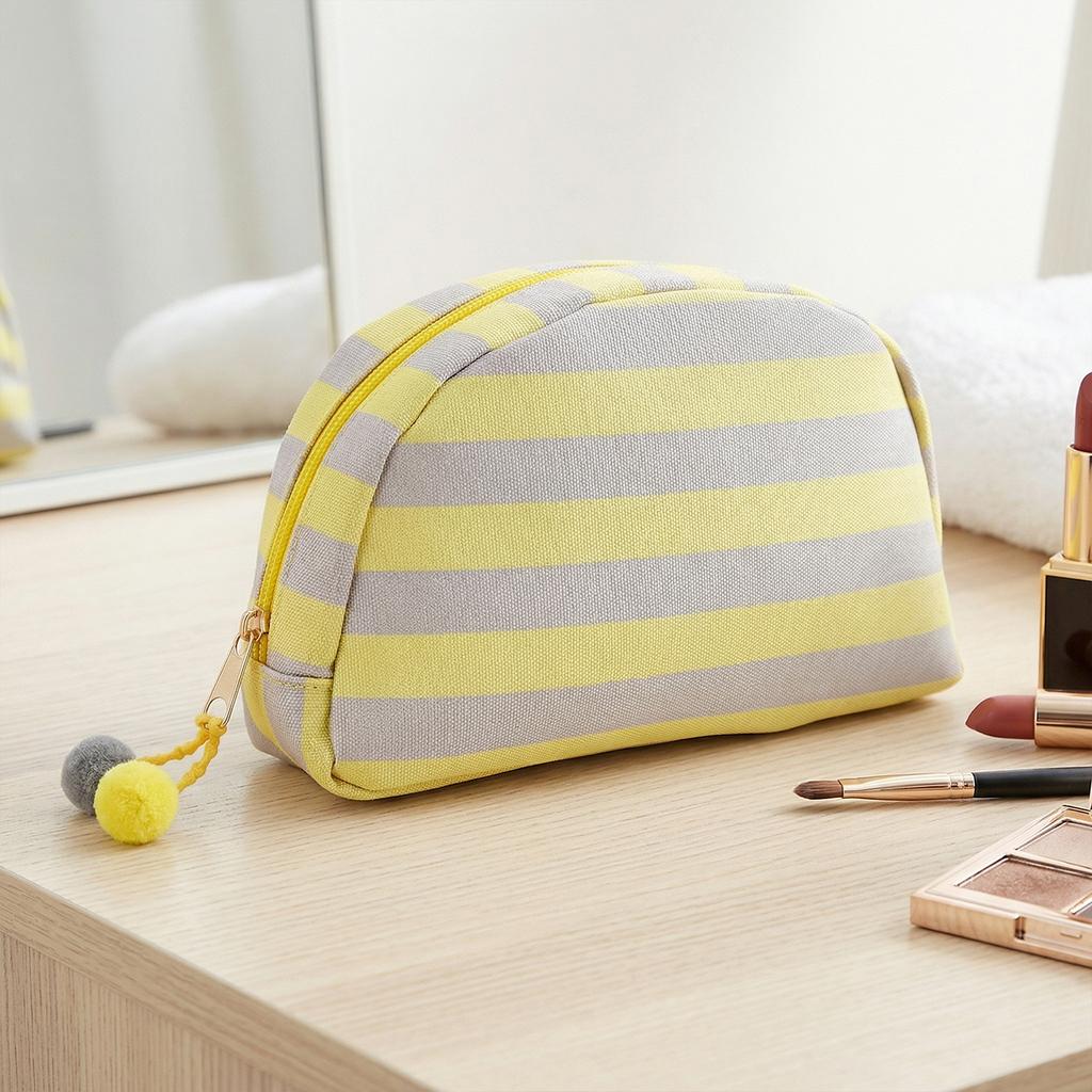 Stylish Fringed Stripe Cosmetic Bag Nylon Bridesmaid Holiday Essentials Pouch with Cute Color Ball Gift for Family & Friends