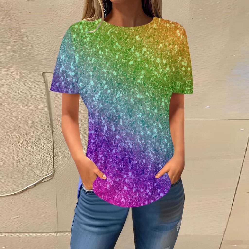 Summer Round Neck 3D Gradient Glitter Print Top Fashionable Casual Short Sleeved Women's T-shirts