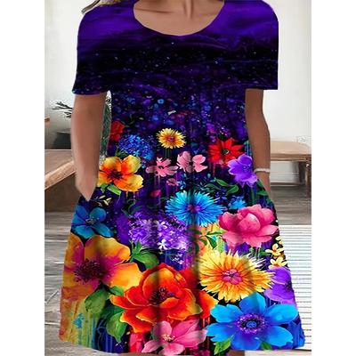 Damenmode Anmutige Retro Blumenmuster Sommer Frühling Kurzarm O-Ausschnitt Freizeitkleider