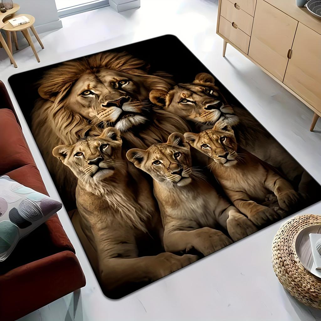 Realistic Lion Family Portrait Printed Flannel Rug Soft Carpet For Living Room Bedroom Wildlife Nature Decor Artistic Design