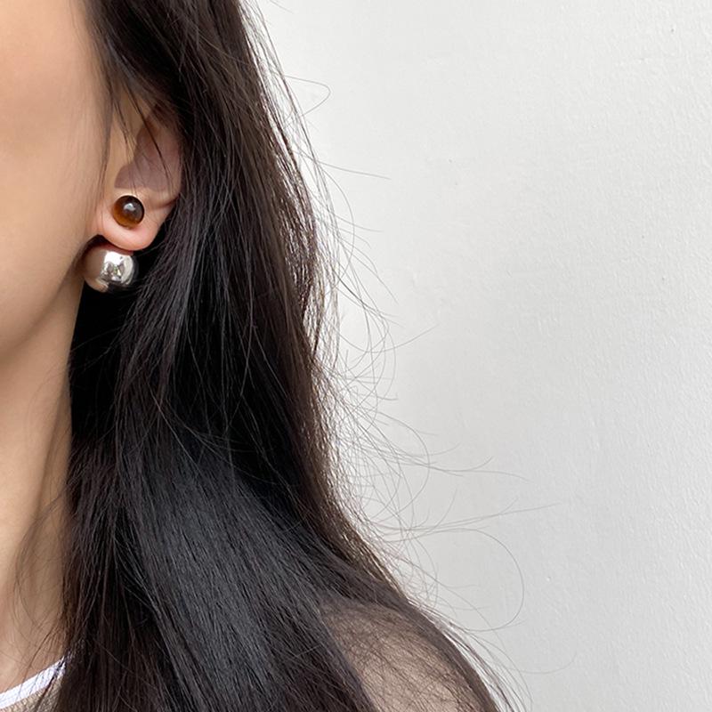 Sleek Tiger Eye Stud Earrings: Versatile Front & Back Design for Unique Fashion