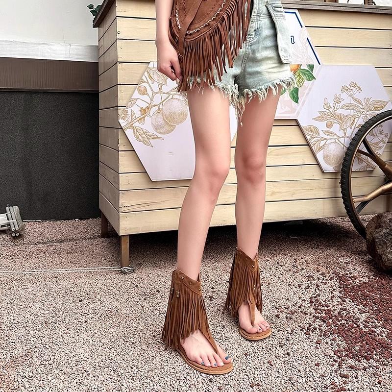Thick-soled wedged toe Roman rivet fringed cool boots women's summer 2024 new fashion bohemian sandals