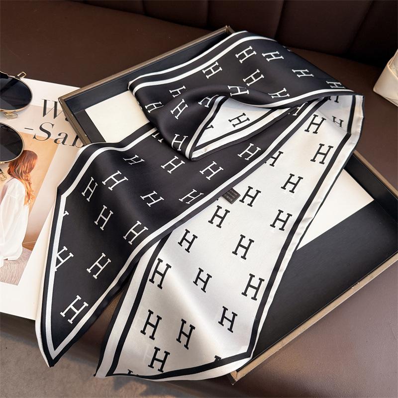 Classic letter print double-layer scarf decorative silk scarf commuting spring and summer diagonal hair scarf versatile thin streamer