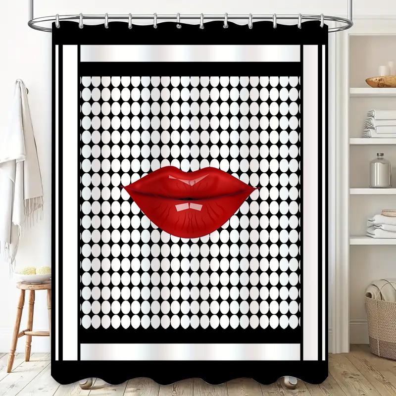 Modern Bathroom Shower Curtain with Bold Red Lip Print: Eye-Catching Stylish Decor for Your Bath Area White Circular Pattern Bac