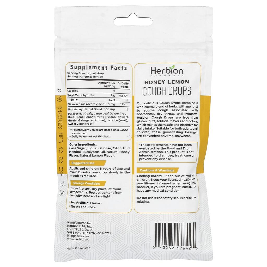 Naturals, Cough Relief Drops, Honey Lemon, 25 Count