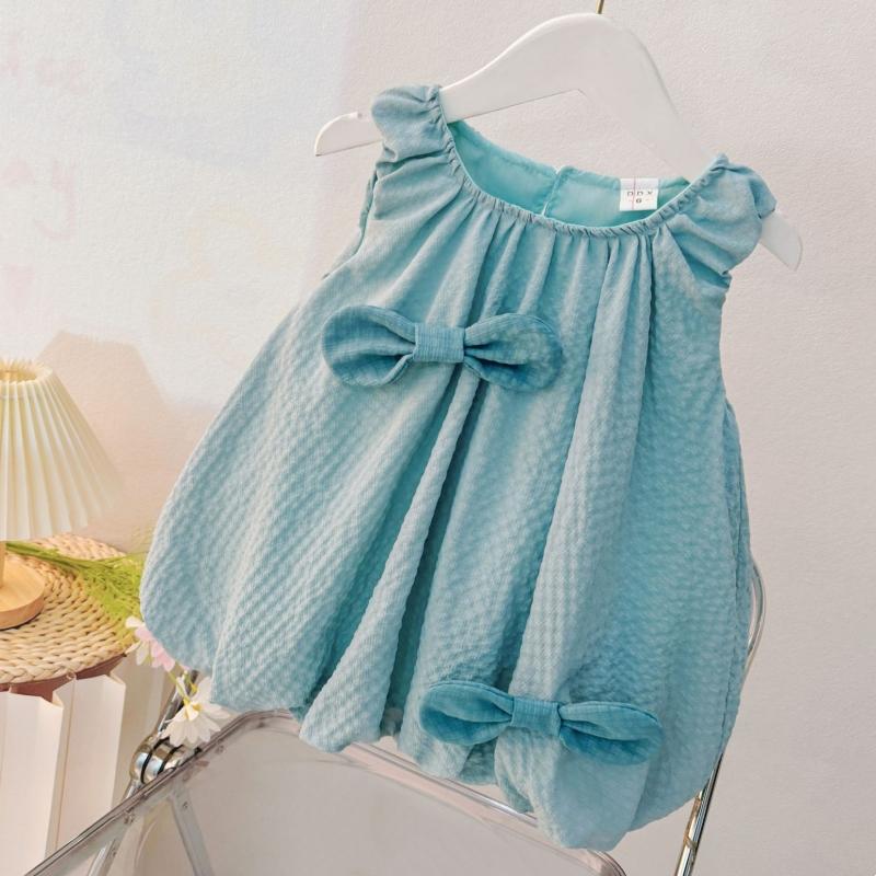 Summer Korean Dress Kids Girls Clothes Cotton Knotbow Ruched Tops Fluffy Dress Children Girls Sleeveless Dress