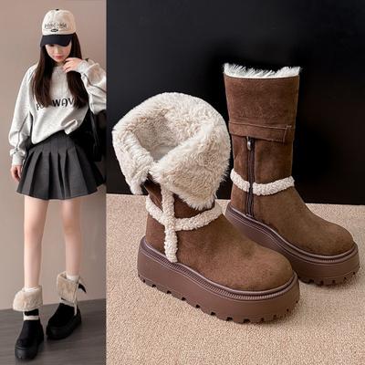 Thick-soled Brown Foldable Boots Women's 2025 New Winter Velvet Warm Boots Heightening Fashion Boots Keep Warm