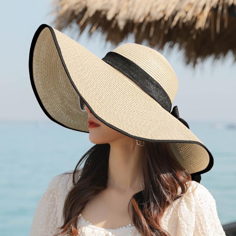 Korean Style Women's Wide Brim Straw Hat - Summer Seaside Bow Sun Protection