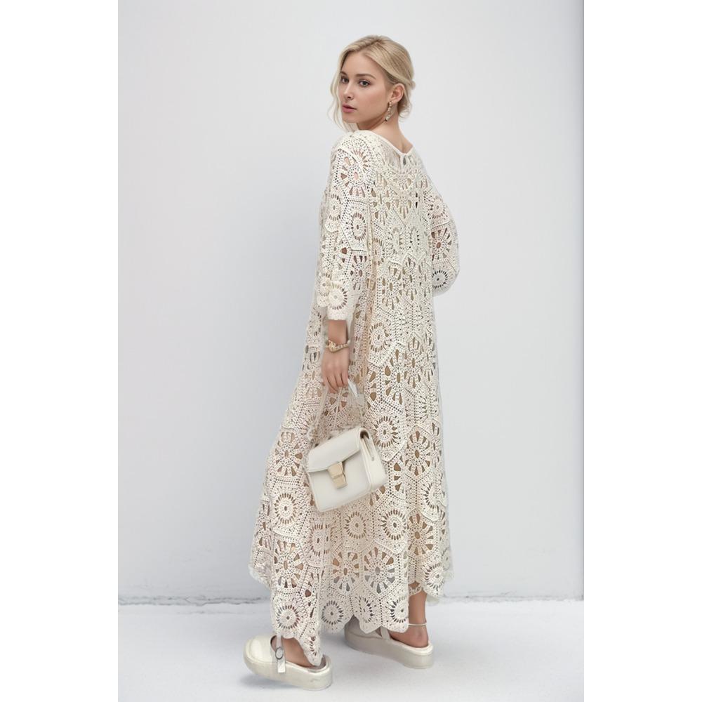 DIMANAF 2024 New Summer Women Long Knitted Dress Sleeve Basic Fashion Lace Dresses Casual Loose White