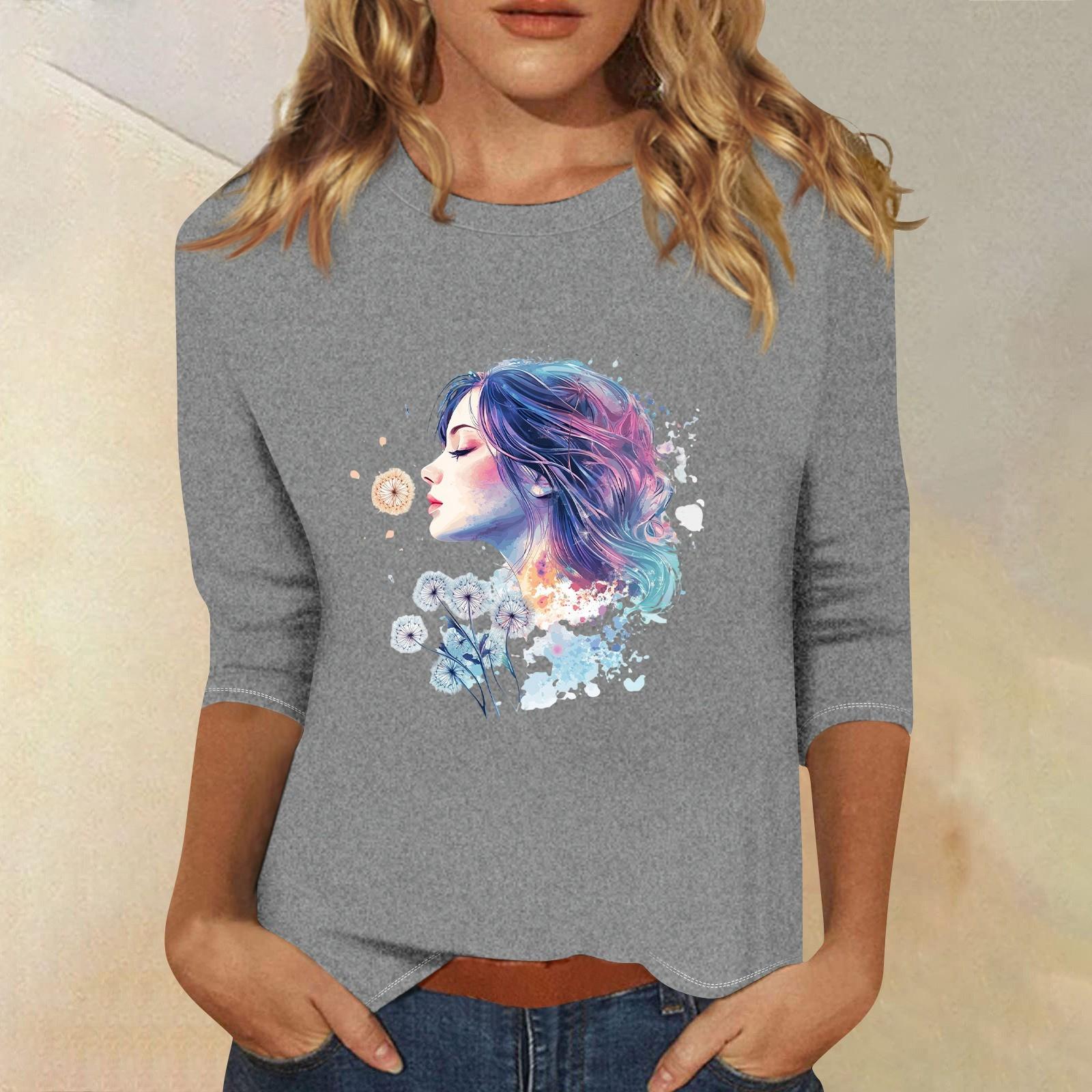 

3/4 рукава топы для женщин футболка повседневные принты топы футболка круглый вырез пуловер блузка M