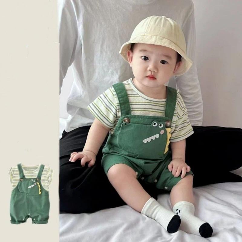 Cute  Dinosaur Baby Romper Set With Hat  Socks - Summer Striped T-shirt  Overalls For Infants