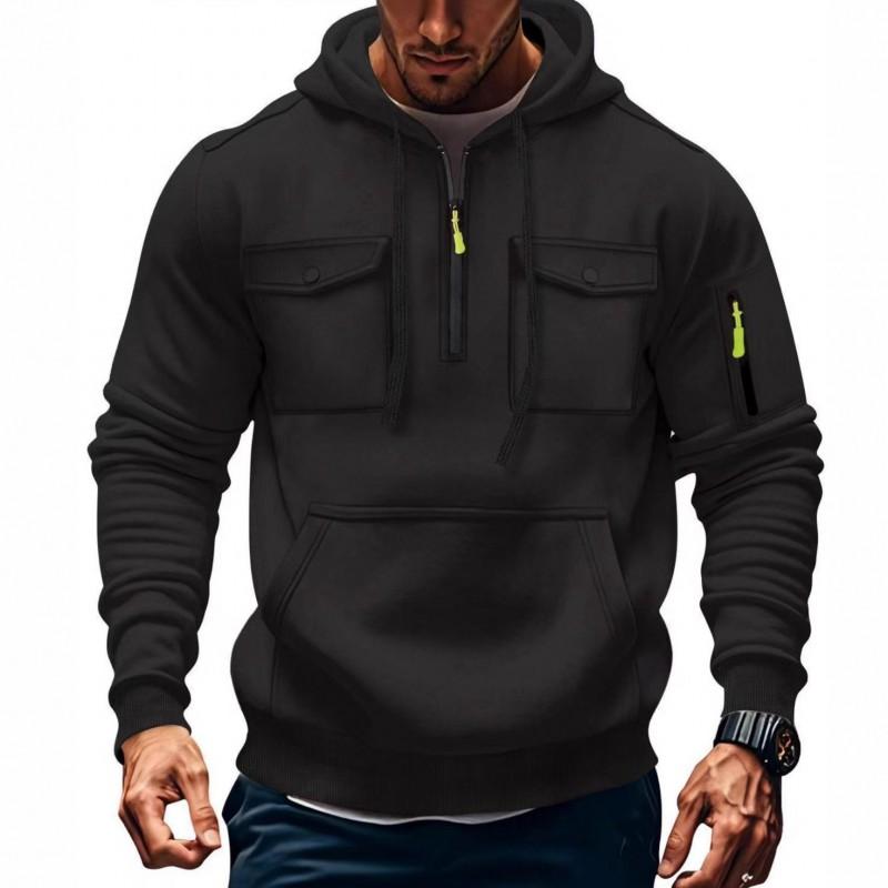 Mens Hooded Long Sleeve Pullover Sweatshirt With Multiple Pockets Zipper Front Casual Sporty Style