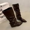 Vintage Pleated Women Knee High Boots Fashion Pointed Toe Modern Long Booties Autumn Winter Square Heels Ladies Shoes
