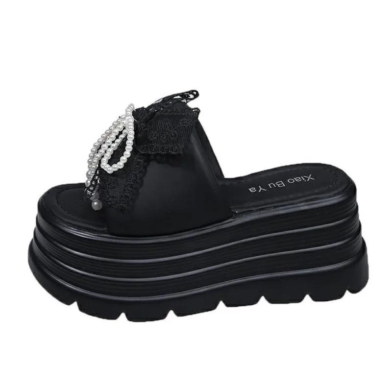 

8CM New 2025 Pearl Strap Chunky Sandals Women Summer High Platform Wedges Slippers Woman Fashion Heels Thick Bottom Beach Slides 34