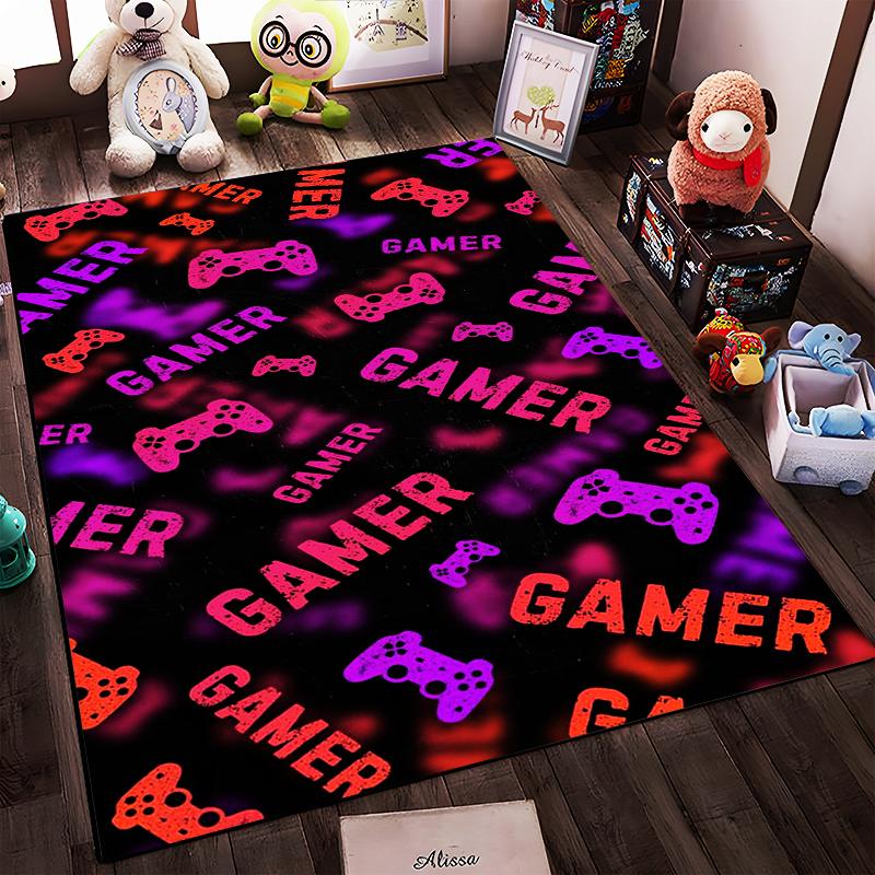 Gamer Carpet with Red and Purple Controller Pattern on Black Background Suitable for use as an anti-slip for living room bedroom sofas