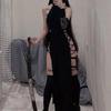 Goth Dark Cosplay Hoher Schlitz Sexy Bandage Damenkleider Y2K Mall Gothic Neckholder Slim Midi Kleid Schwarz Grunge Stil Alt Partykleidung