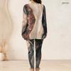 Women Plus Size Printed Round Neck Long Sleeve Top And Fitted Long Pants Two Piece Set
