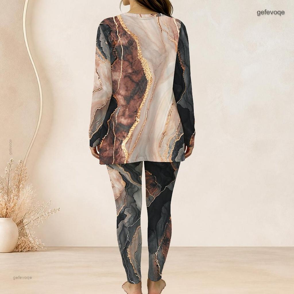 Women Plus Size Printed Round Neck Long Sleeve Top And Fitted Long Pants Two Piece Set