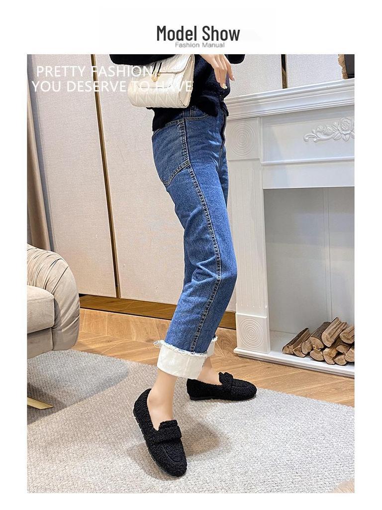 Women's Thick-Soled Furry Loafers, Autumn & Winter Lamb's Wool Bean Shoes, Plus Velvet Cotton, Sizes 41-43 Available